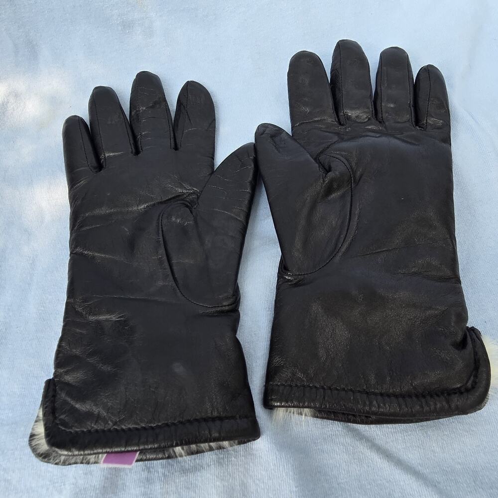 Vintage Grandoe Black Leather Gloves Women L 8 Rabbit Fur Lined Button Accent - Picture 4 of 7